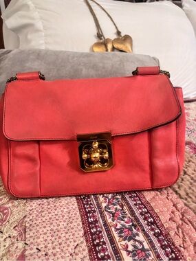 Chloe Coral-Pink Leather Shoulder Bag with Gold Floral Clasp